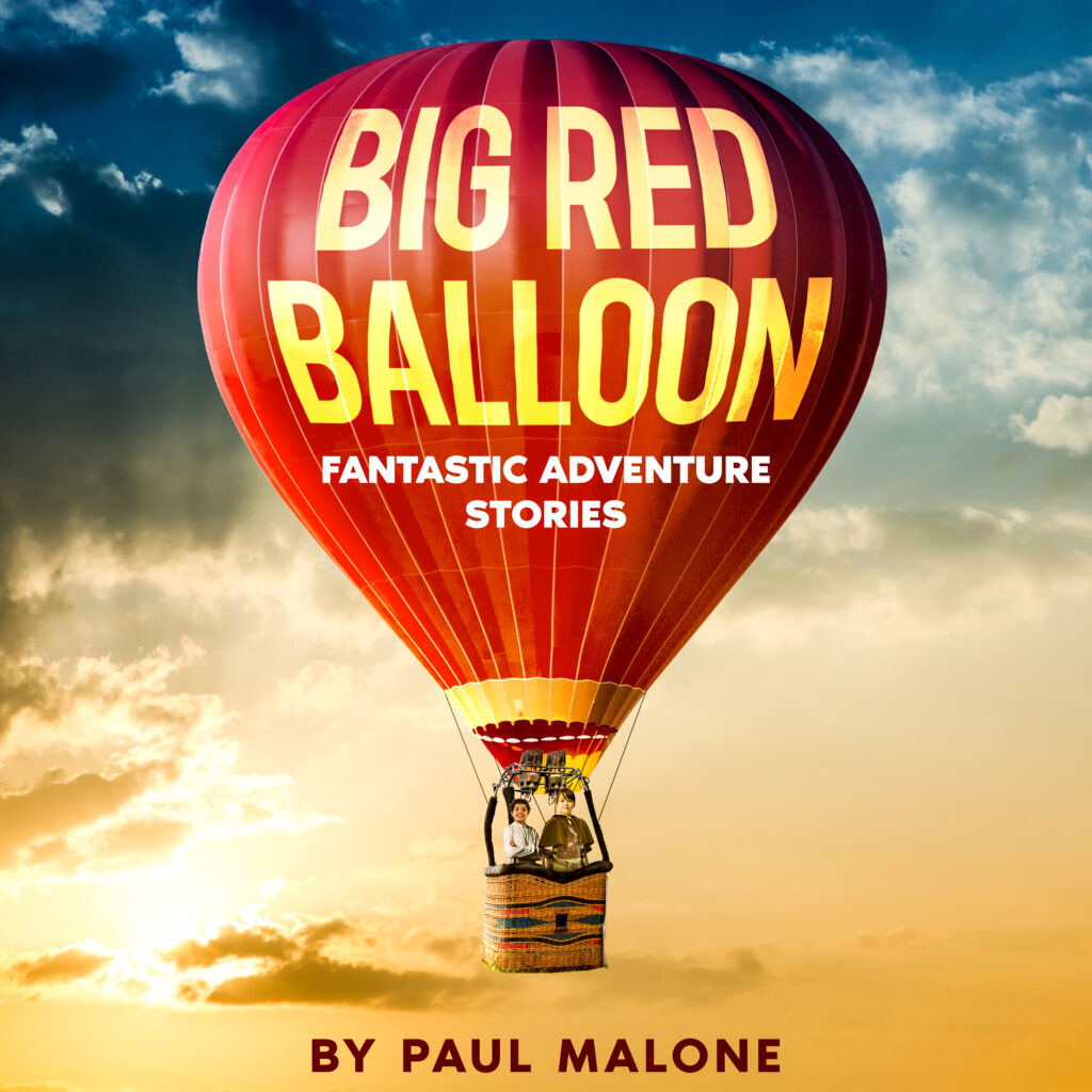 Big red balloon with two children in basket.